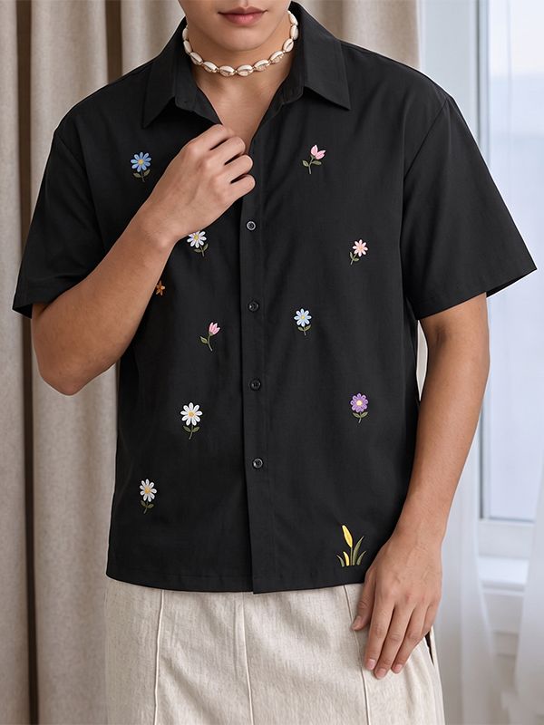Men's Casual Vintage Delicate Floral Print Cuban Collar Short Sleeve Shirt