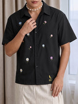 Men's Casual Vintage Delicate Floral Print Cuban Collar Short Sleeve Shirt