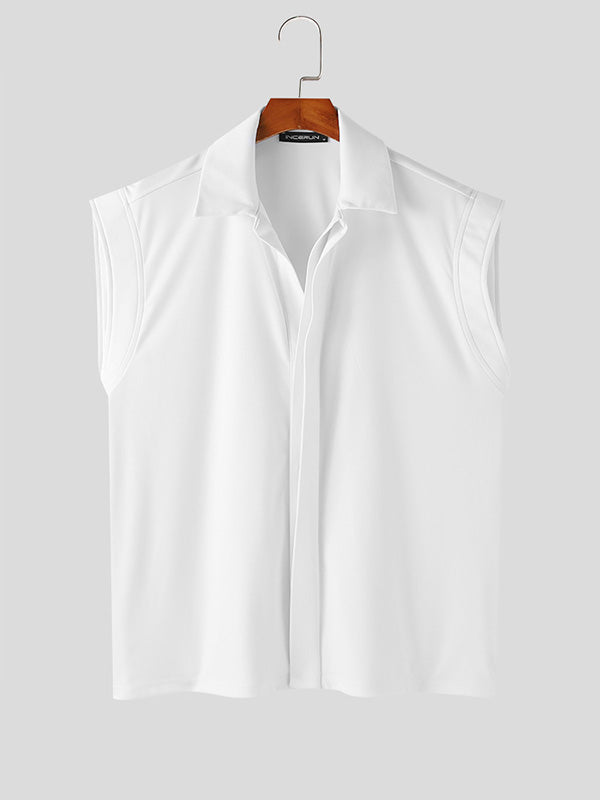 Mens Solid Lapel Casual Sleeveless Shirt SKUK49447