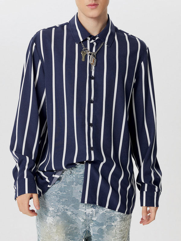 Mens Striped Lapel Collar Long Sleeve Shirt SKUK59935