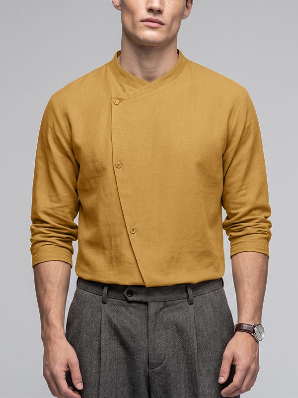 Men's Minimalist Zen Asymmetrical Button Front Stand Collar Loose Shirt SKUL76484