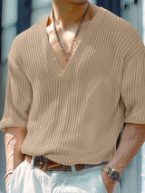 Mens V-Neck Striped 3/4 Length Sleeve T-Shirt SKUK73657