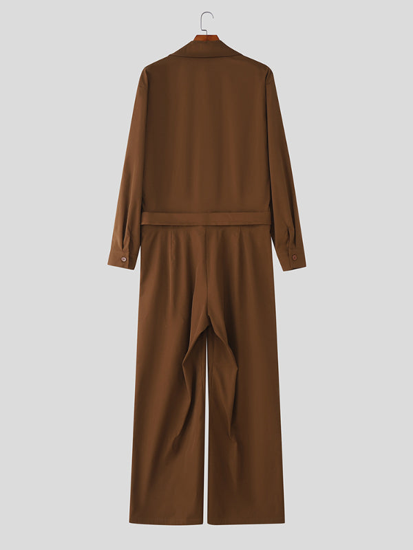 Men's Solid Tie Strap Casual Long Sleeve Jumpsuit SKUL28175