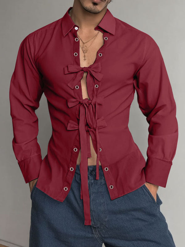 Men's Bow Tie Lace-Up Long Sleeve Shirt SKUL24189