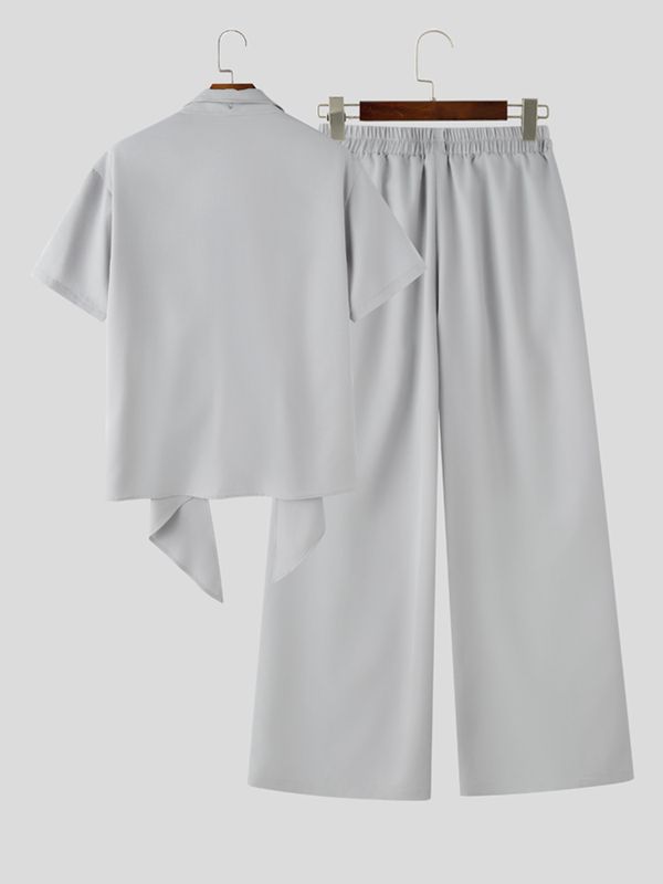 Men's Avant-Garde Romantic Flowy Tie-Neck Short Sleeve Shirt SKUL74630