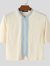 Men's Textured Contrast Color Cropped Short Sleeve T-shirt SKUL47901