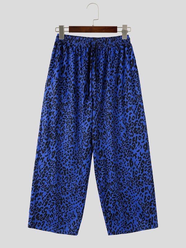 Men's Vintage Casual Leopard Print Loose Drawstring Straight Wide Leg Pant SKUL71357