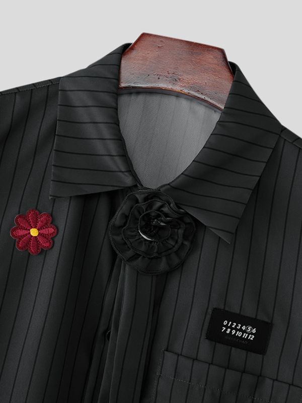 Men's 3D Floral Necktie Cropped Pinstripe Short Sleeve Shirt SKUL55375