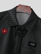 Men's 3D Floral Necktie Cropped Pinstripe Short Sleeve Shirt SKUL55375