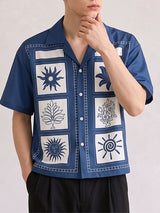 Men's Resort Hand-Drawn Sun & Palm Tree Print Cuban Collar Short Sleeve Shirt SKUL73628