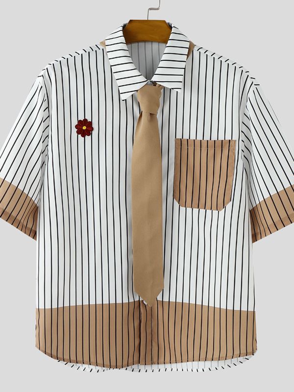 Men's Color Block Striped Tie Short Sleeve Shirt SKUL31818