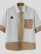 Men's Color Block Striped Tie Short Sleeve Shirt SKUL31818