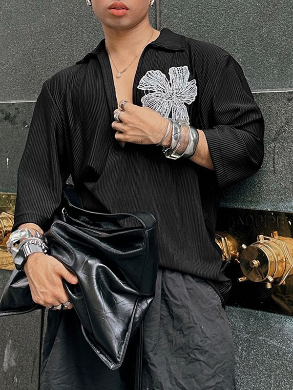 Men's Floral Embroidered Texture Long Sleeve Shirt SKUL31899