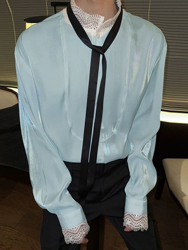 Men's Lace Trim Patchwork Ribbon Design Long Sleeve Shirt SKUL50006