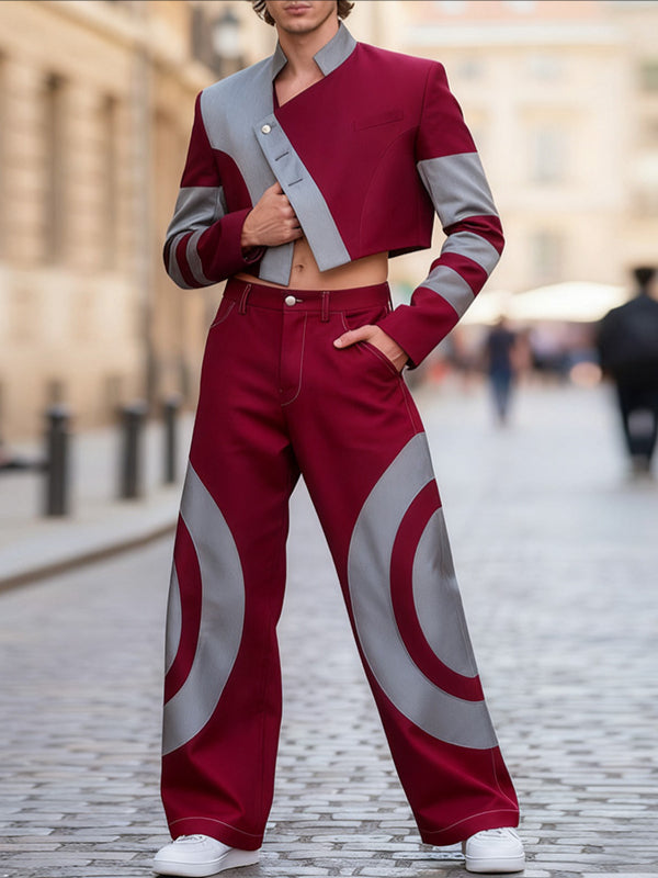 Men's Color Block Stand Collar Asymmetrical Placket Two Pieces Outfit SKUL42642