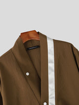 Men's Avant-Garde Asian Fusion Cross Collar Contrast Trim Belted Wrap Shirt SKUL76544