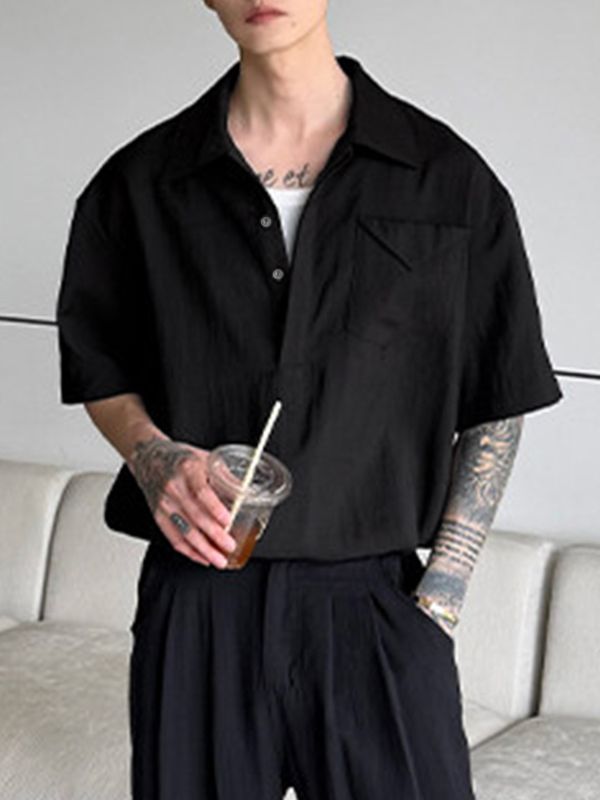 Men's Minimalist Crinkle Texture Chest Pocket Turn Down Collar Short Sleeve Shirt SKUL75726