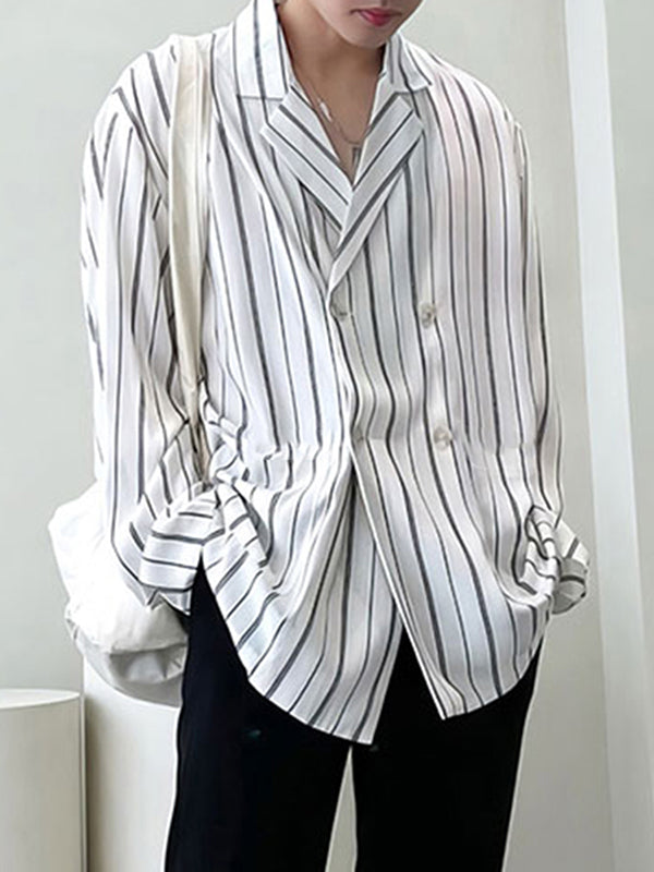 Mens Striped Lapel Double Breasted Casual Shirt SKUK37356