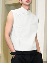 Men's Asymmetric Frog Button Stand Collar Tank SKUL59983
