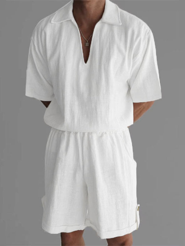 Men's Solid Color V Neck Lapel Casual Two Pieces Outfit SKUL23482