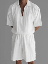 Men's Solid Color V Neck Lapel Casual Two Pieces Outfit SKUL23482