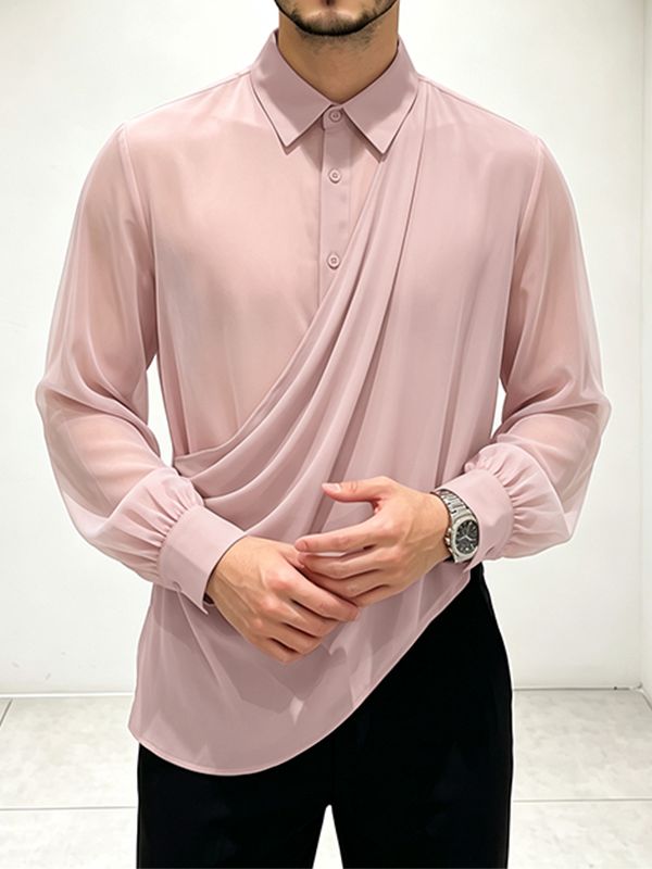 Men's Avant-Garde Semi-Sheer Asymmetrical Draped Chiffon Shirt SKUL79227