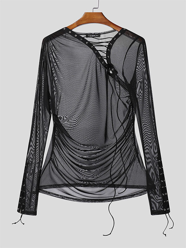 Men's Sheer Mesh Eyelet Long Sleeve T-Shirt SKUL24799