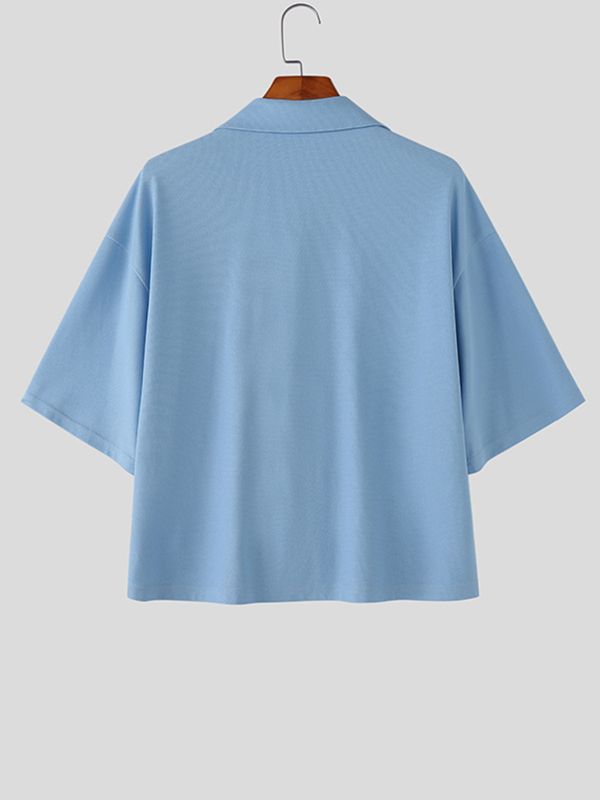 Men's Chinese Style Textured Frog Button Half Sleeve Shirt SKUL55386