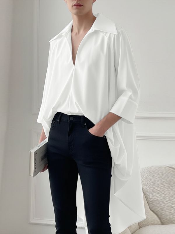 Men's Solid Color Long Hem Deep V Neck Long Sleeve Shirt SKUL50053