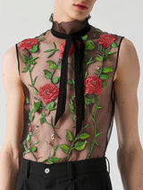 Mens Sexy Rose Embroidery Sheer Sleeveless Tank SKUK67986