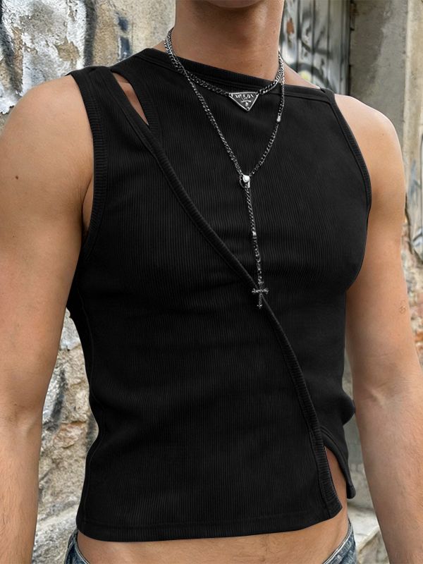 Men's Avant-Garde Deconstructed Asymmetry Layered Texture Tank SKUL58713