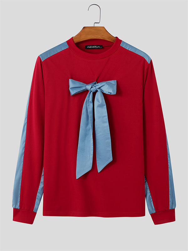 Mens Bowknot Patchwork Long-Sleeve T-Shirt SKUK92859