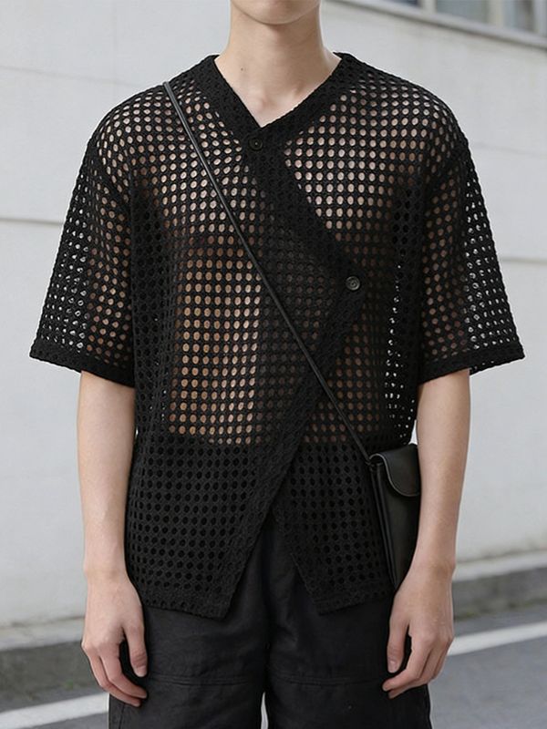 Men's Asymmetric Sheer Mesh Short Sleeve Shirt SKUL60239