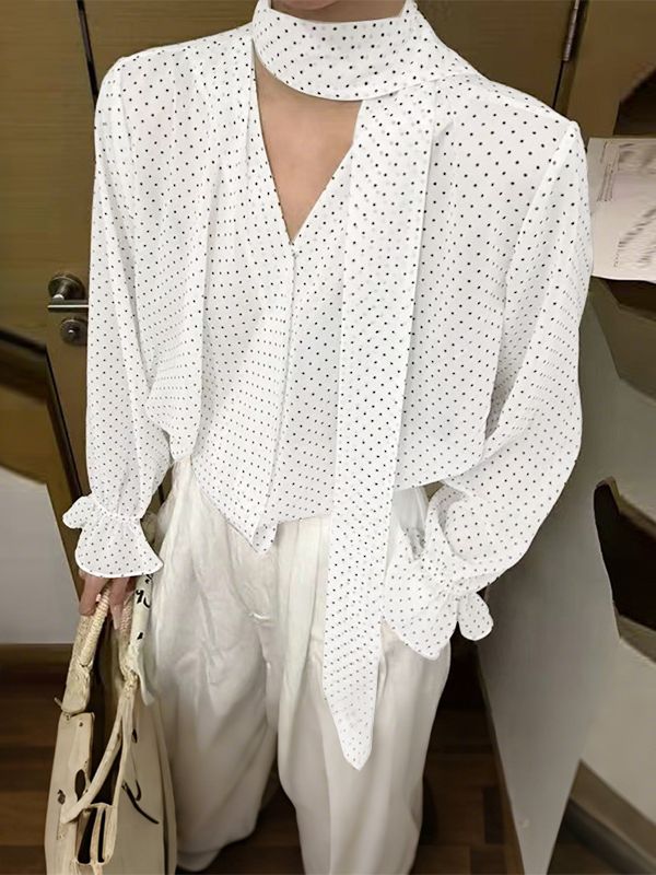 Men's Polka Dot Print Ribbon Long Sleeve Shirt SKUL35278