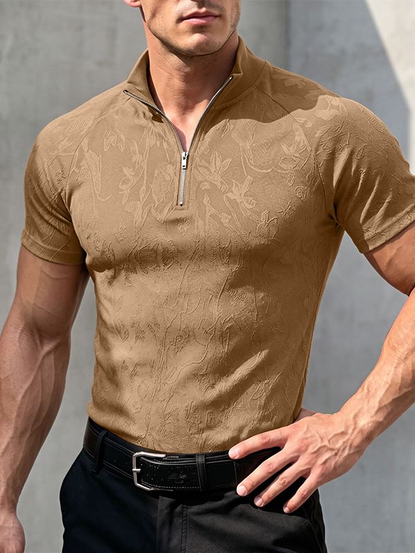 Men's Quiet Luxury Jacquard Floral Metal Quarter Zip Short Sleeve Mock Neck T-shirt SKUL83509