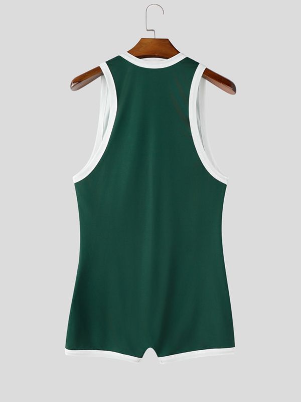 Men's Retro Contrast Piping Deep-U Muscle Fit Wrestling Singlet Bodysuit SKUL75689