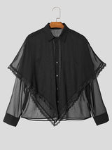 Mens Asymmetric Patchwork Lace Long Sleeve Shirt SKUK79576