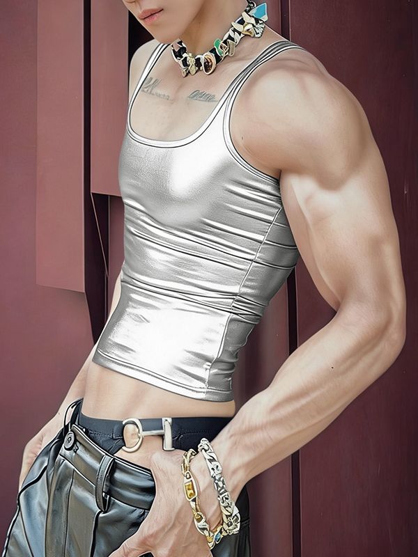 Men's Solid Color Glossy Cropped Tank SKUL50525