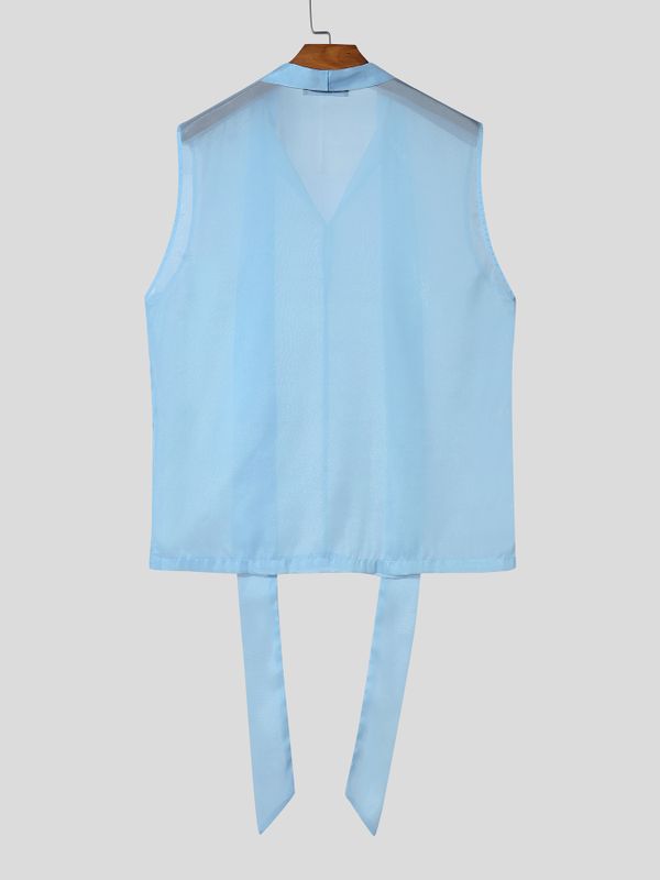 Men's Avant-Garde Shawl Collar Streamer Sheer Sleeveless Shirt SKUL69640