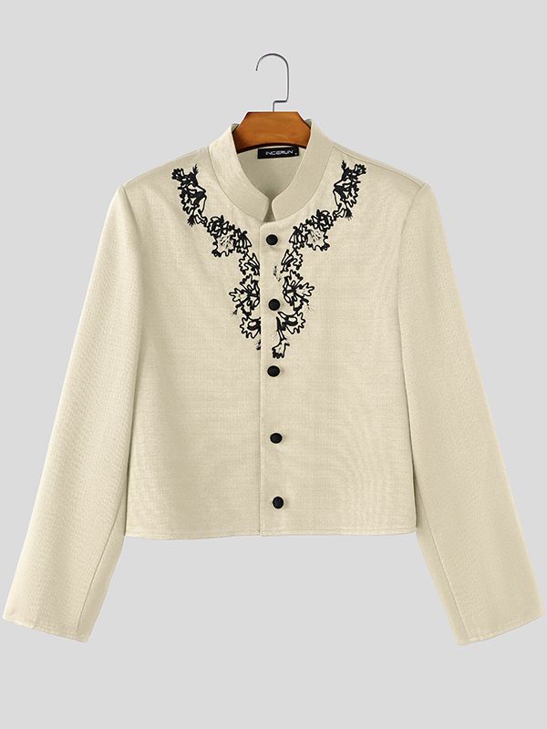 Men's Retro Party Floral Embroidery Cropped Boxy Long Sleeve Stand Collar Blazer SKUL80463
