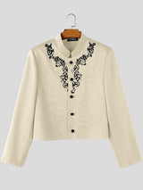 Men's Retro Party Floral Embroidery Cropped Boxy Long Sleeve Stand Collar Blazer SKUL80463
