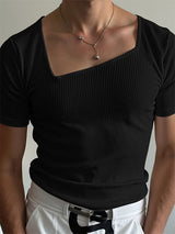 Mens Striped Textured Square-Neck Short-Sleeve T-Shirt SKUL22314