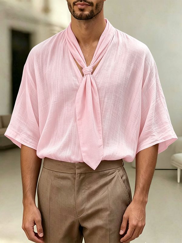 Men's Avant-Garde Tie-Neck Draped Boxy T-shirt SKUL60233