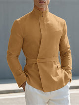 Men's Solid Color Minimalist Stand Collar Long Sleeve Shirt SKUL43669