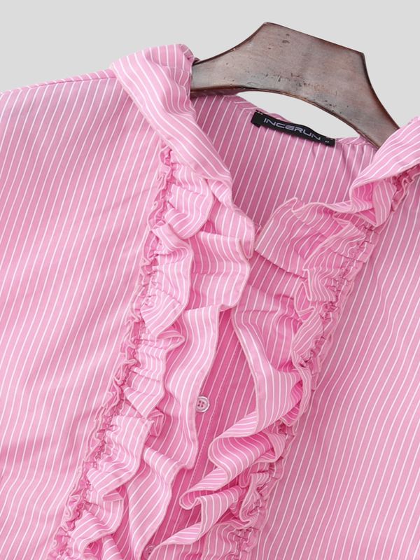 Men's Ruffle Design Striped Short Sleeve Shirt SKUL60110