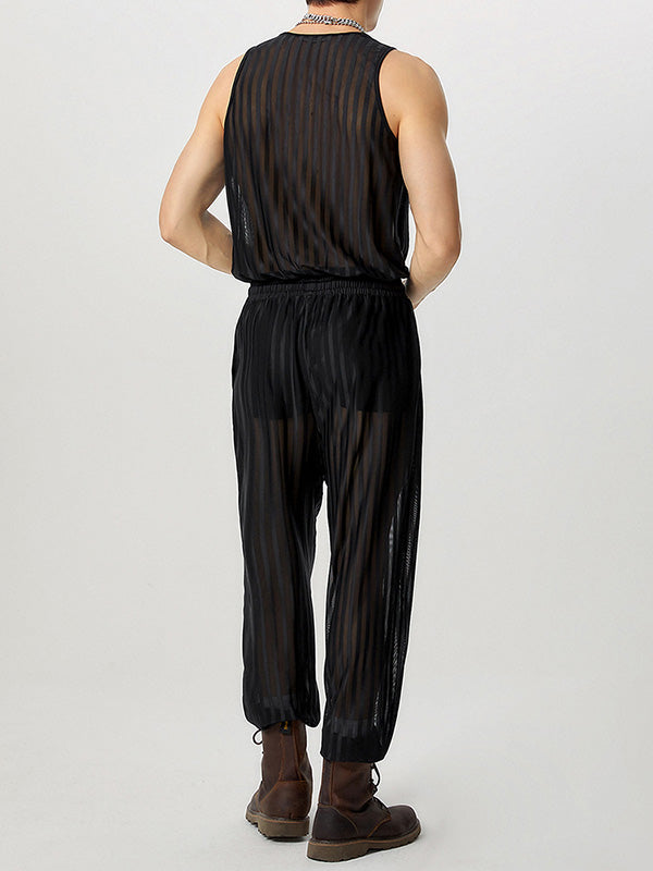 Mens Striped See Through V-Neck Jumpsuit SKUK51122