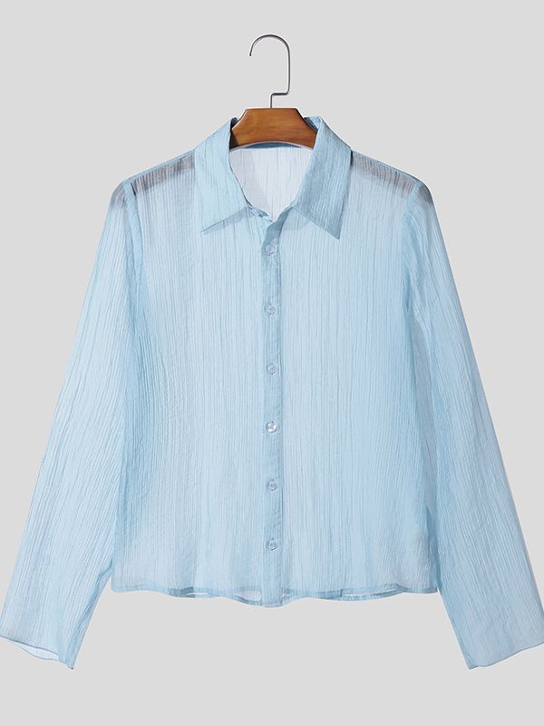 Men's Wrinkled Textured Sheer Long Sleeve Shirt SKUL41763