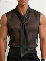 Men's Semi-Sheer Integrated Wide Tie Draped Neck Sleeveless Shirt SKUL57510
