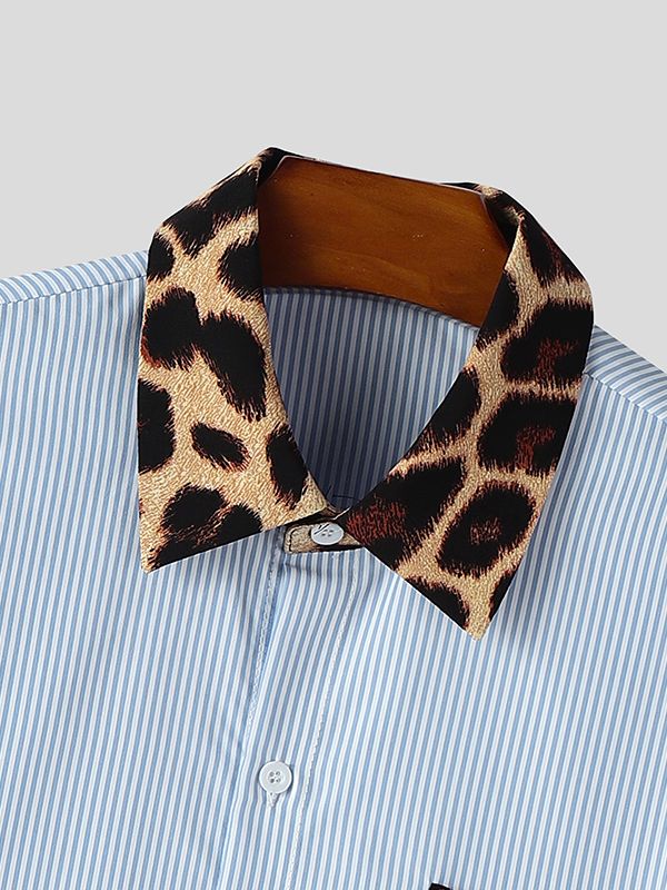 Men's Leopard Patchwork Stripe Short Sleeve Shirt SKUL47624