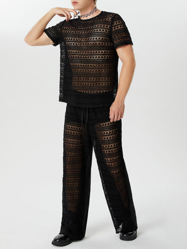 Mens Hollow Out Sheer Lace Two-Piece Outfit SKUK58607